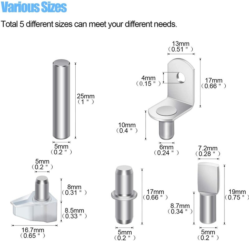 DYWISHKEY 5 Styles Shelf Pins Kit, Nickel Plated Shelf Bracket Pegs Cabinet Furniture Shelf Pins Support for Shelf Holes on Cabinets, Bookshelf, Garden Shelf, Table and Chair Corner, 100PCS - Image 3